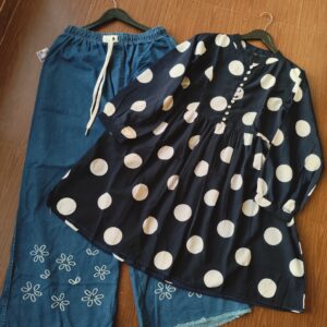 Stylish Polkadot Top with Stretch Denim embroidered pant