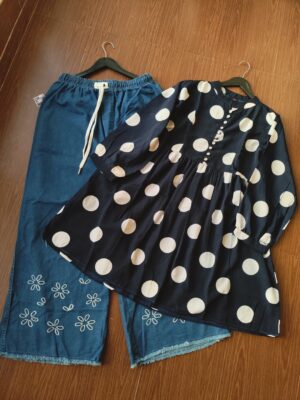 Stylish Polkadot Top with Stretch Denim embroidered pant